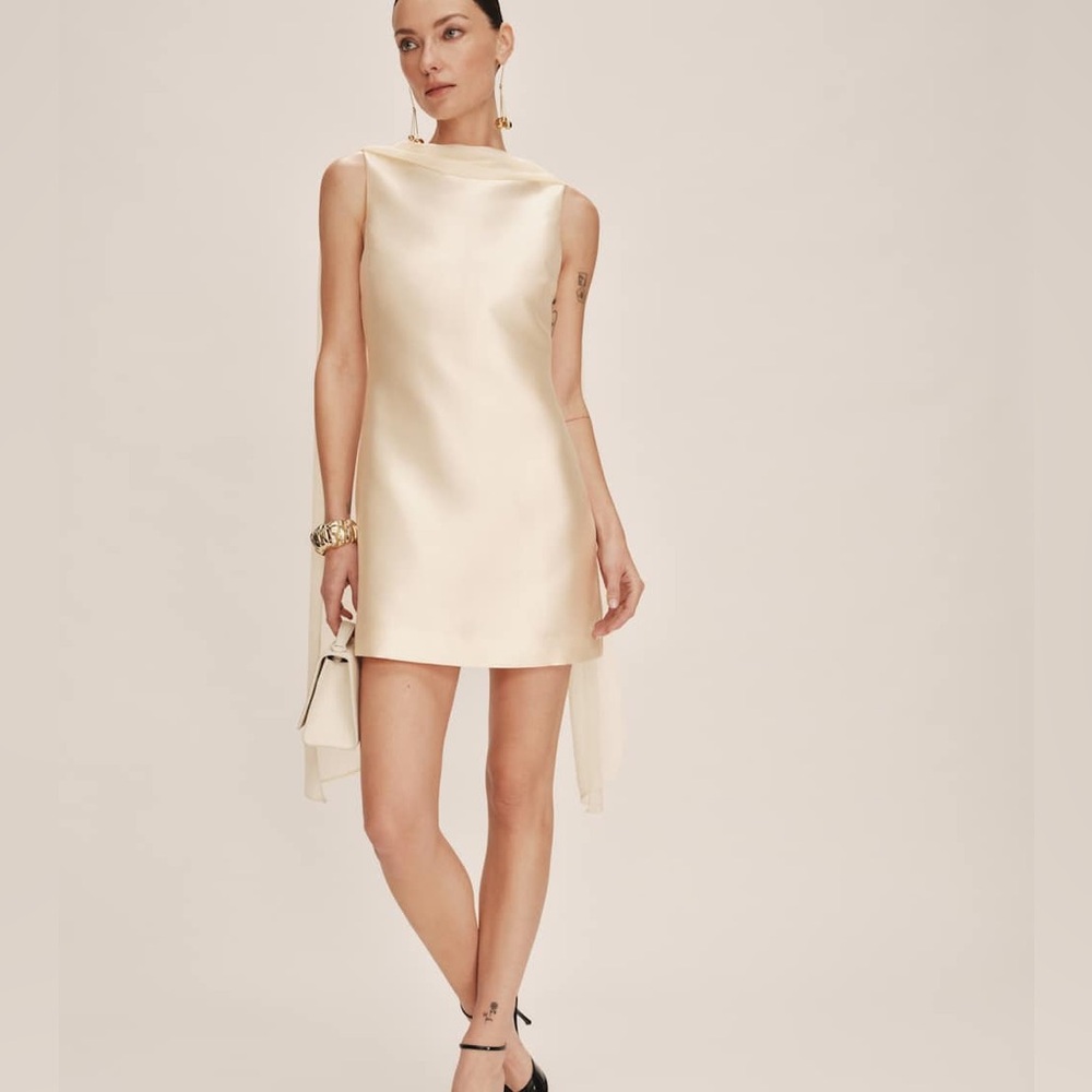 NWOT Reformation Ecru Satin Mini Dress with Drape Scarf - Picture 8 of 13